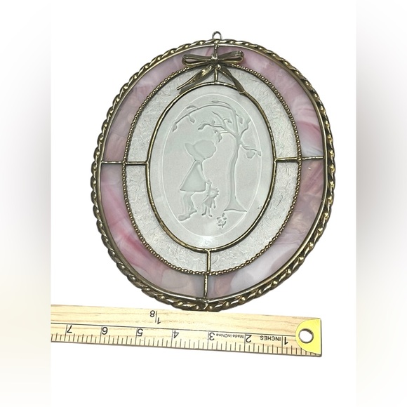 Vintage stained glass like sun catcher w/etched little‎ girl and doll under tree - Picture 4 of 8